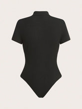 Women's Solid Color Knit Short Sleeve Collared Zip-Up Fitted Bodysuit Fall Women Clothes Tracksuit Purple Corset Top Black Bodysuit